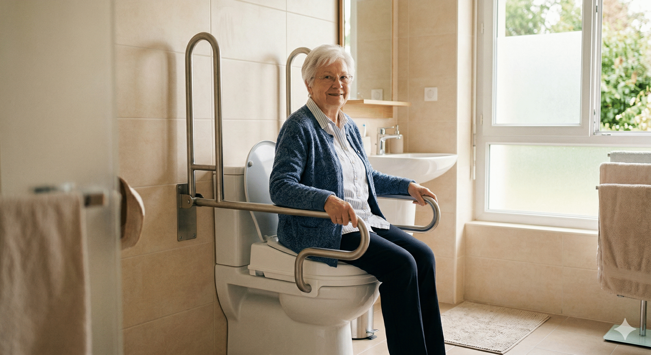 Senior femme assise sereinement sur WC surélevé adapté avec barres d'appui