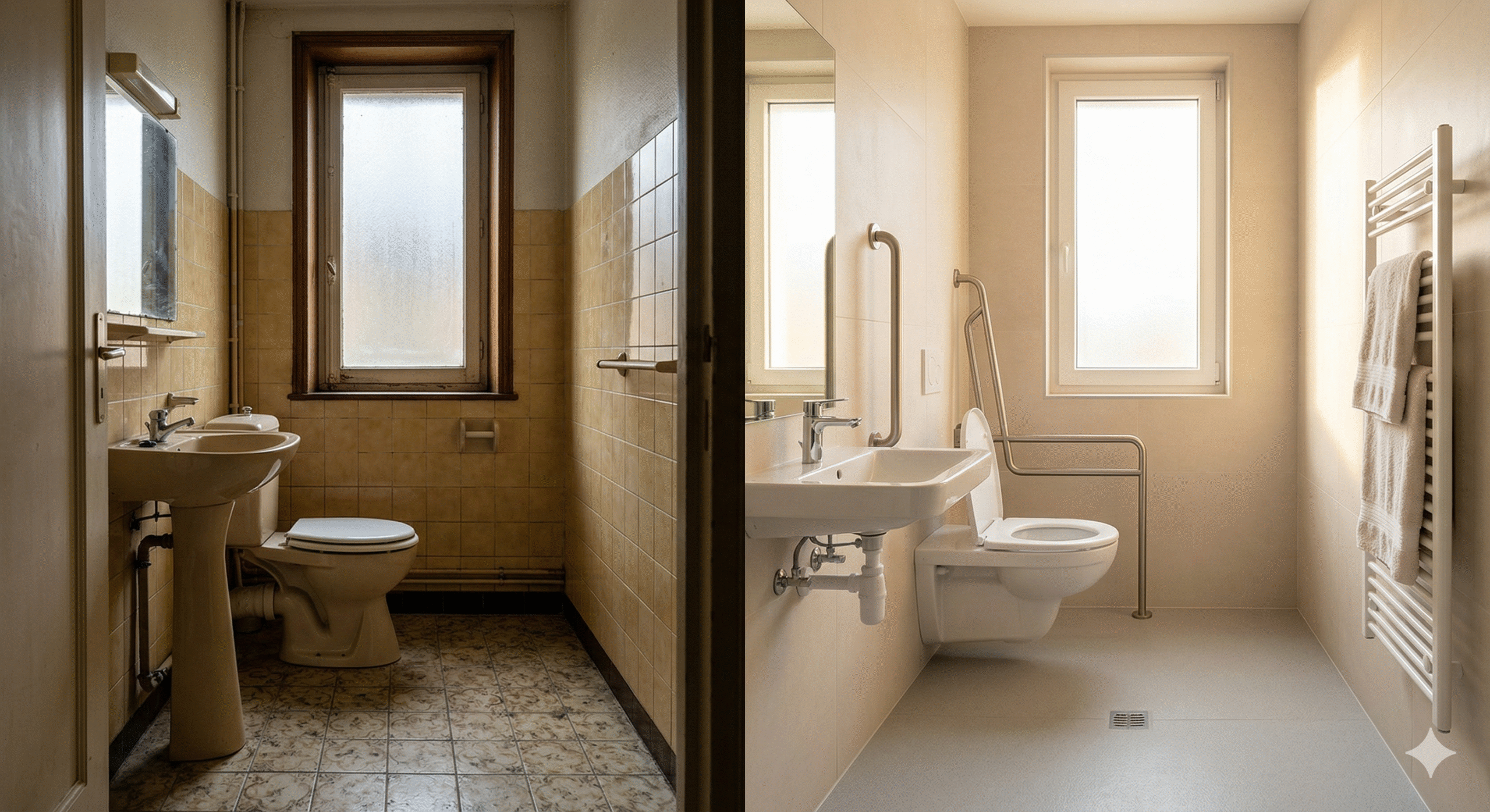 Transformation toilettes avant après : salle de bain standard transformée en WC PMR accessible senior