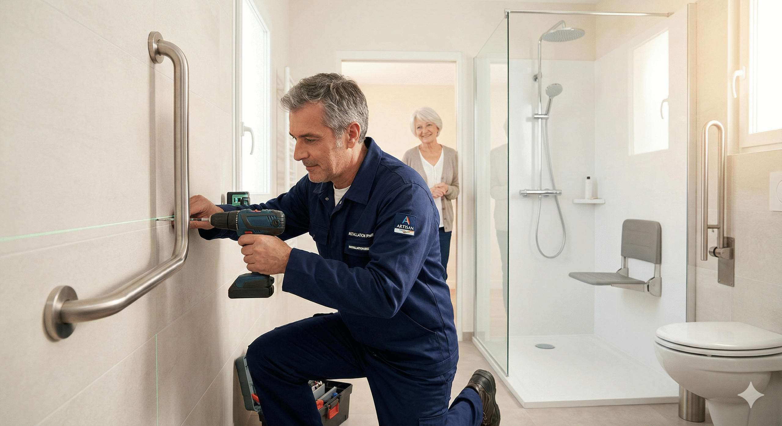 Travaux salle de bain PMR senior artisan certifié Handibat installation douche accessible Autonomie Solutions