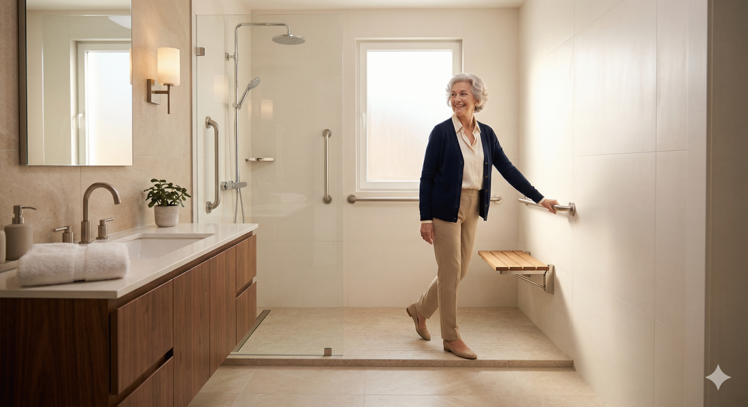 Nouvelle salle de bain PMR senior rénovée douche italienne moderne financée MaPrimeAdapt Autonomie Solutions