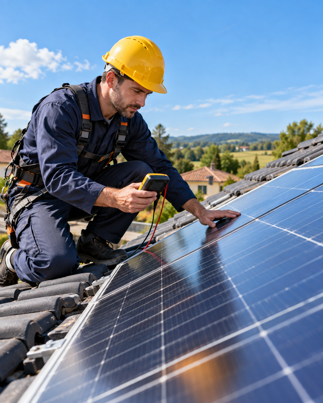 Technicien inspection panneaux solaires