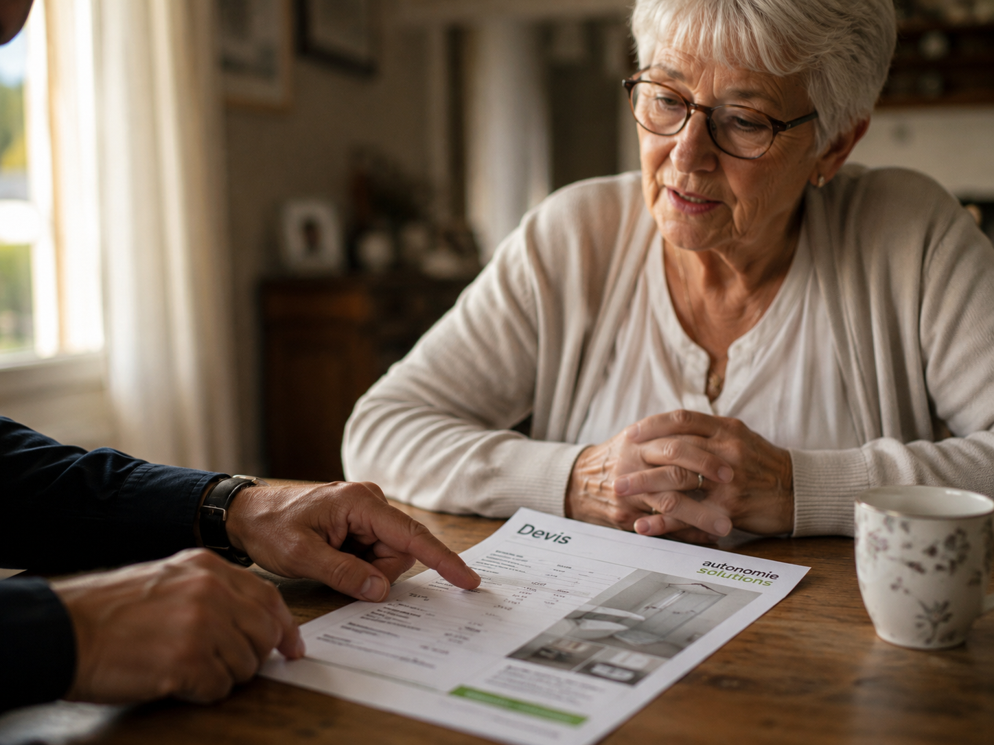 Conseiller Autonomie Solutions présentant un devis d'aménagement à une cliente senior