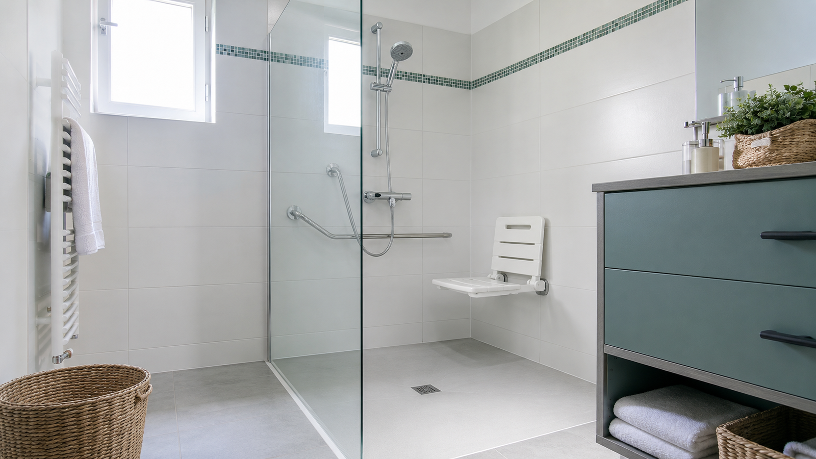 Douche de plain-pied sécurisée installée par Autonomie Solutions